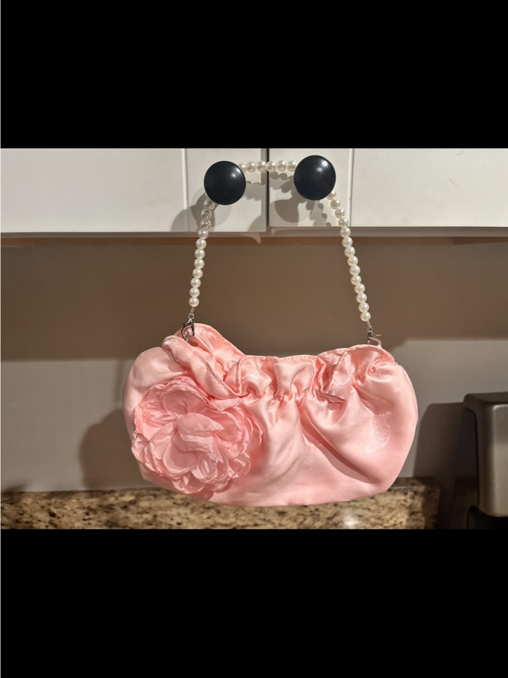 Elegant Pink Satin Pearl-Handle Evening Bag
